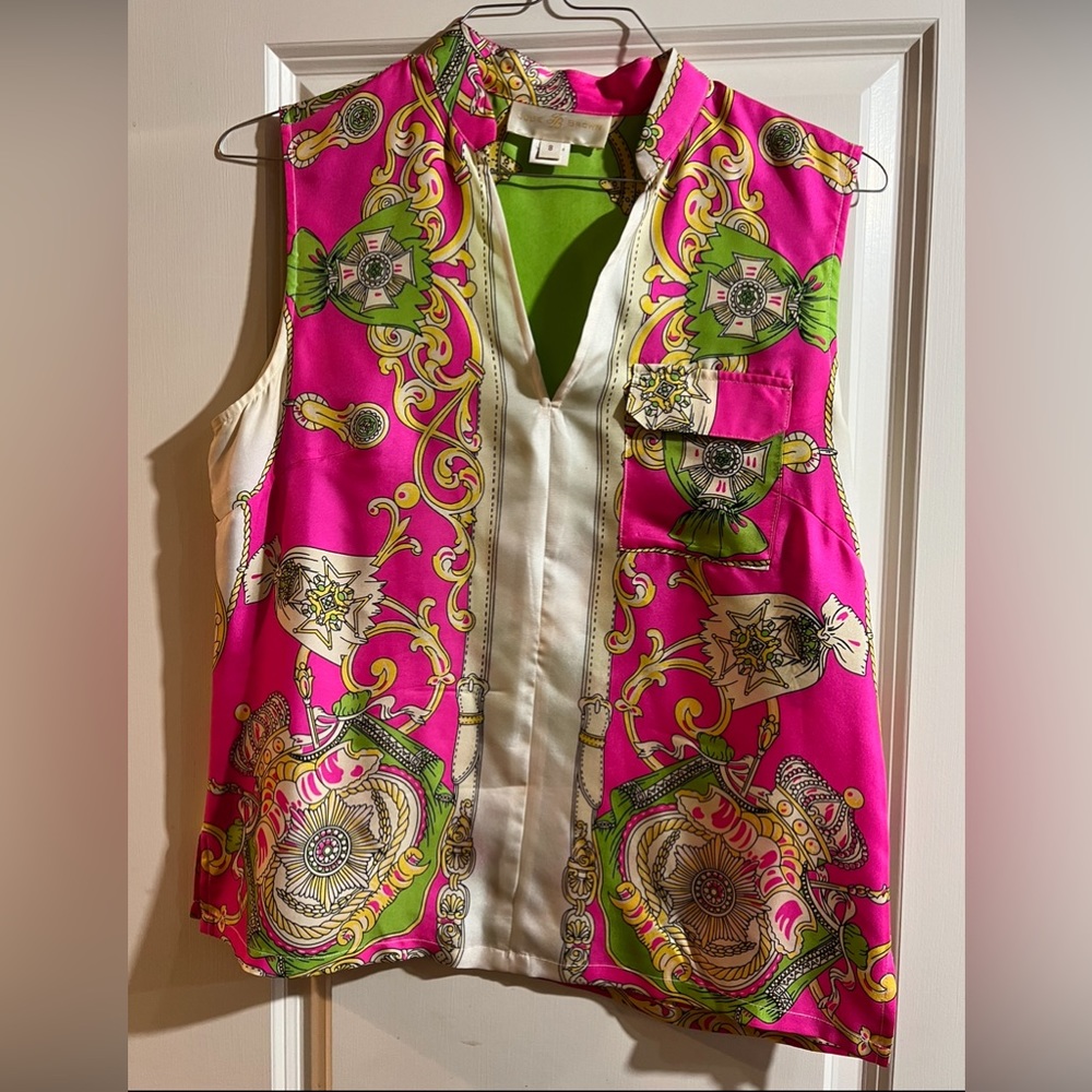 Julie Brown silk shirt pink and green rare find find-